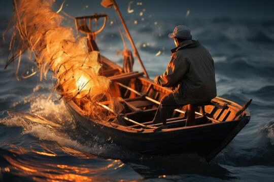 A fisherman on a traditional wooden boat casting a net into the sea, showcasing the Concept of traditional fishing practices and the seafood trade. Generative Ai.