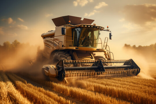 A farmer using modern agricultural machinery to harvest crops, signifying the Concept of mechanized farming and agribusiness trade. Generative Ai.