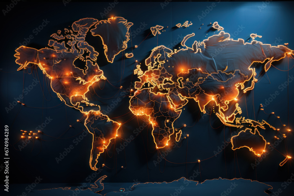 Poster a world map with arrows connecting countries to show the flow of materials, components, and finished