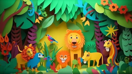 Obraz na płótnie Canvas Colorful funny jungle simple paper cut animation Ai generated art