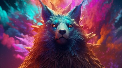 Colorful horned howling wolf head psychedelic background photography image AI generated art