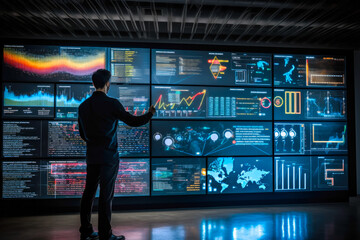 A man using advanced touchscreen digital holographic virtual displays. Depicting data and visualizations, embracing futuristic technology concept
