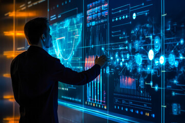 A man using advanced touchscreen digital holographic virtual displays. Depicting data and visualizations, embracing futuristic technology concept
