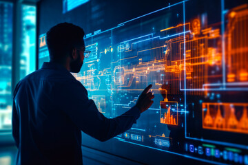 A black man using advanced touchscreen digital holographic virtual displays. Depicting data and visualizations, embracing futuristic technology concept