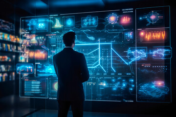 A person using advanced touchscreen digital holographic virtual displays. Depicting data and visualizations, embracing futuristic technology concept - obrazy, fototapety, plakaty