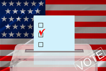 Transparent ballot box for voting with ballot in front US national flag, Election Process and...