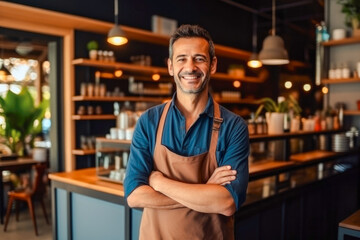 Proud male coffee shop owner standing in front of cozy cafe. A confident entrepreneur, small business success concept