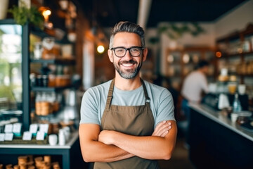 Obraz premium Proud male coffee shop owner standing in front of cozy cafe. A confident entrepreneur, small business success concept