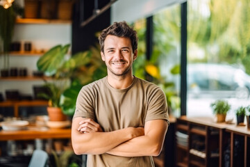 Proud male coffee shop owner standing in front of cozy cafe. A confident entrepreneur, small business success concept