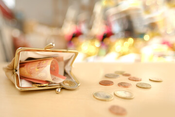 Euro coins next to old wallet, cash European Union, Financial planning and entrepreneurship...