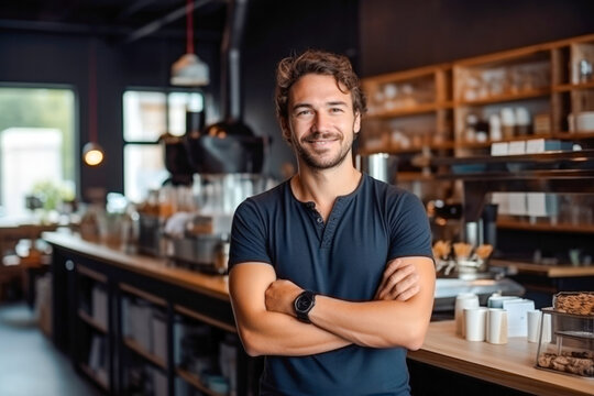 Proud male coffee shop owner standing in front of cozy cafe. A confident entrepreneur, small business success concept