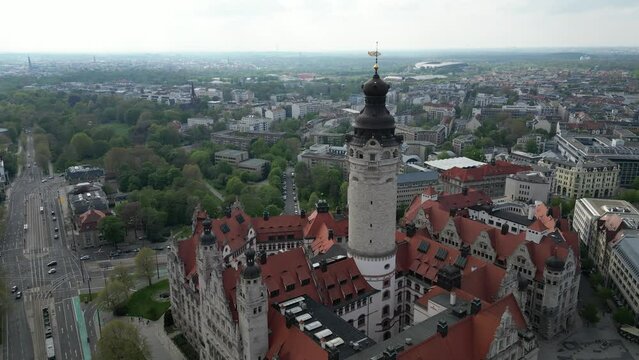 Aerial video of old buildings and road in Leipzig City in Germany