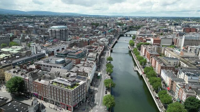 Aerial video of the river and buildings on the shore, Dublin, Capital of the Republic of Ireland