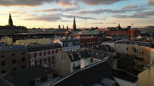 Aerial video of old buildings in Copenhagen, Capital of Denmark
