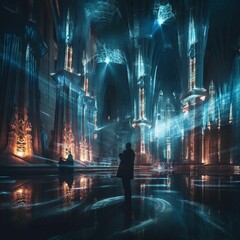 AI generated illustration of a man in a grand cathedral illuminated by the stained-glass windows - obrazy, fototapety, plakaty