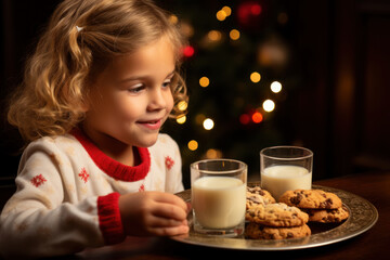 A child eagerly leaving a plate of cookies and milk for Santa on Christmas Eve. Concept of holiday traditions. Generative Ai. - obrazy, fototapety, plakaty