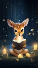 An abstract art of a cute baby deer reading stories Ai generated art