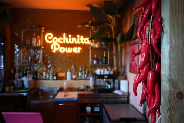 Vibrant neon sign mounted to the wall with chili papers in the foreground