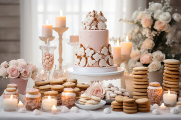 A wedding dessert table featuring an elegant display of cookies. Concept of celebrations and love. Generative Ai.