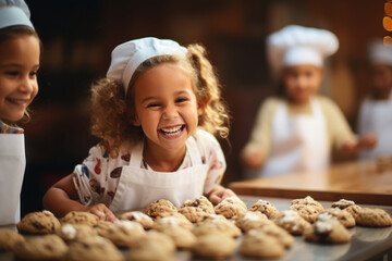 A child's baking class where kids learn to make their own cookies. Concept of culinary education. Generative Ai.