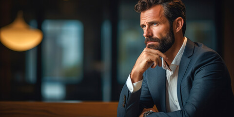 Portrait of male executive, alone in a boardroom, with his mind on a challenging business decision. With pensive expression reflects the power and leadership required in corporate life - obrazy, fototapety, plakaty