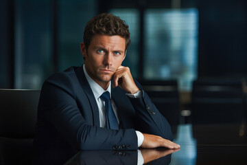 Portrait of male executive, alone in a boardroom, with his mind on a challenging business decision. With pensive expression reflects the power and leadership required in corporate life