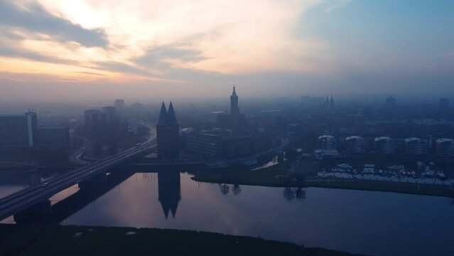 Aerial footage of the city of  Roermond at sunset in Limburg province of the Netherlands