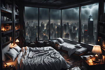 Penthouse bedroom in new york city oil painting