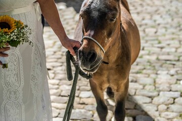 Beautiful bride wearing a white wedding gown while walking a small, brown horse