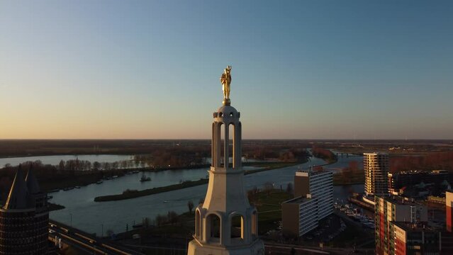 Ascending drone footage of the bell tower of Saint Christopher's Cathedral and Natalini Tower