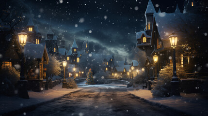 magic Christmas of a snowy midnight road, illuminated by glowing houses and streetlights, creating...