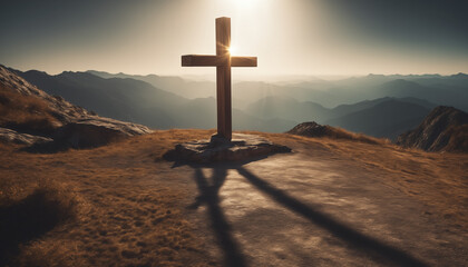 Holy cross symbolizing the death and resurrection of Jesus Christ with The sky over Golgotha Hill is shrouded in light and clouds