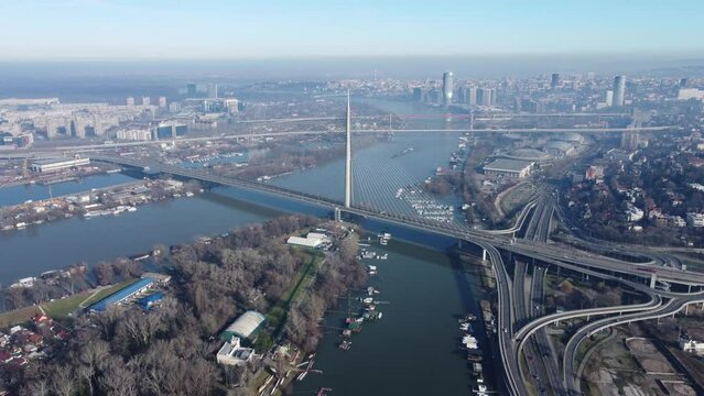 Aerial of the Ada bridge over the Sava river in Belgrade, Serbia.