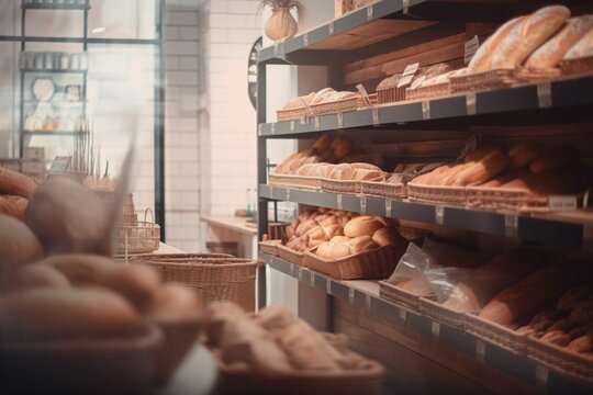 AI generated illustration of This stock photo depicts a fully stocked bakery shelf