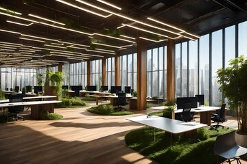 An eco-friendly office space with sustainable materials and energy-efficient lighting.