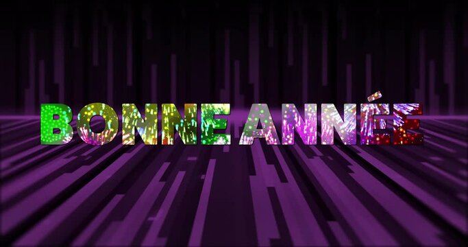 Animation of bonne annee text and fireworks with purple light trails on black background