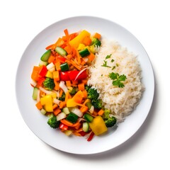 Top view on plate of rice with vegetable salad on white background.