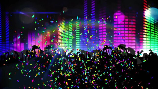 Animation of people dancing, confetti and disco party lights on black background