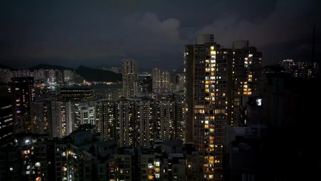 Windows Of Residential Buildings In Hong Kong At Night, Aerial View