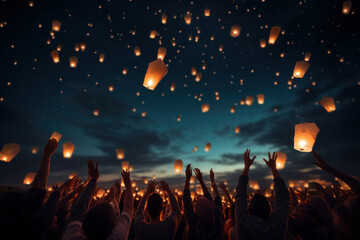 Fototapeta na wymiar A group of people releasing paper lanterns into the night sky as a symbol of hope and good fortune for the Old New Year. Concept of symbolism and traditions. Generative Ai.