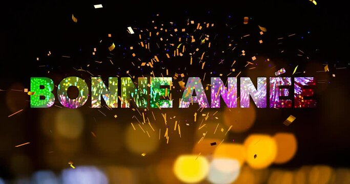 Animation of bonne annee text and fireworks on black background