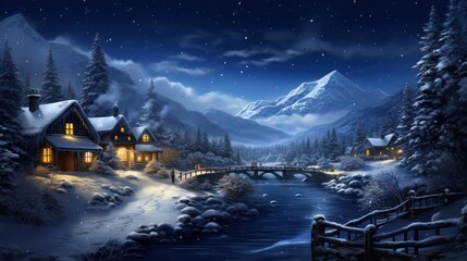 Night view of village with mountain and river views in winter