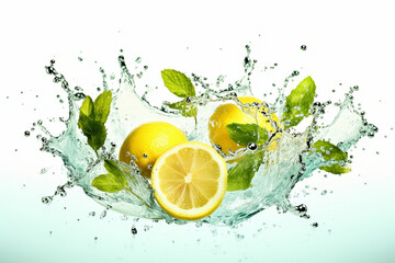 Lemon, mint and water splash on white background, Generative AI