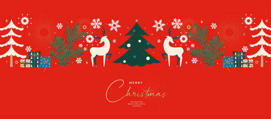 Merry Christmas and Happy New Year greeting card. Modern Xmas design with, typography, christmas tree, gift, snowflakes and reindeers. Xmas concept for invitation, poster, banner, social media, cover.