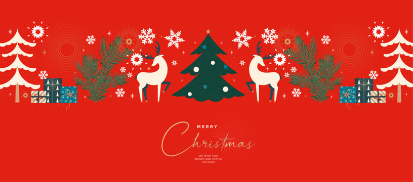 Merry Christmas and Happy New Year greeting card. Modern Xmas design with, typography, christmas tree, gift, snowflakes and reindeers. Xmas concept for invitation, poster, banner, social media, cover.