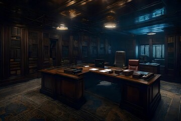 An office with a time-travel theme, featuring elements from different historical eras. - obrazy, fototapety, plakaty
