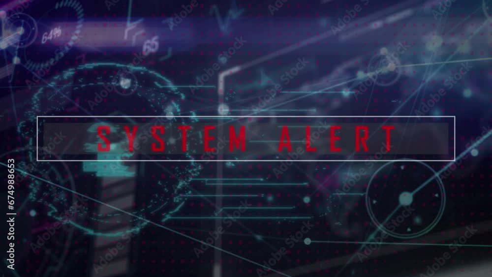 Poster animation of system alert text over security padlock icon against interface with data processing