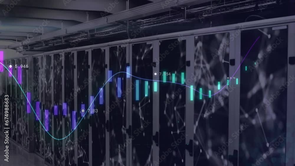 Poster animation of data processing and network of connections against computer server room