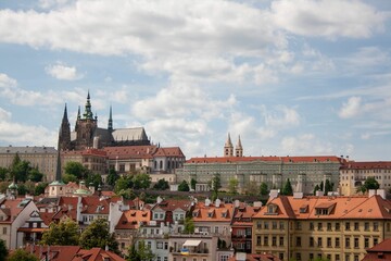 Naklejka na ściany i meble Aerial view of the vibrant city center of Prague, Czech Republic.