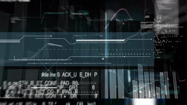 Animation of interface with statistical data processing against black background